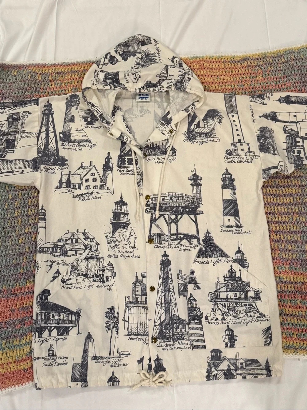Vintage Michigan Rag Cream Hooded Button-Front Sweatshirt with Lighthouse Print